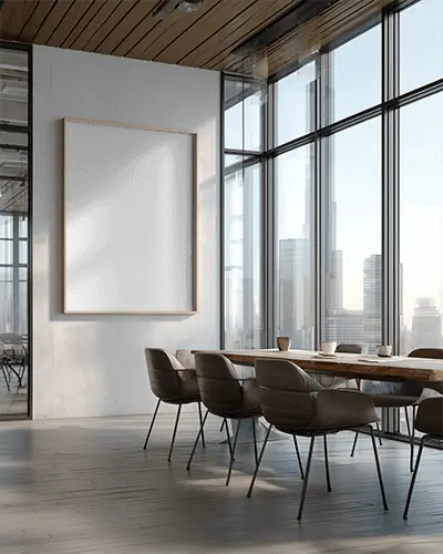 Modern Conference Room With Floor To Ceiling Windows And Large Wall Frame Mockup
