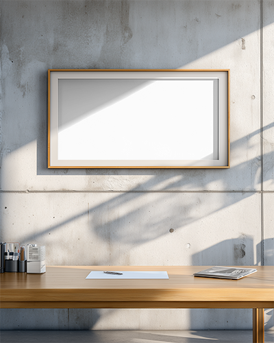 Modern Minimalist Workspace With Horizontal Photo Frame Mockup On Concrete Wall Background