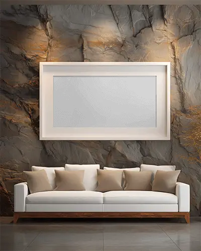 Spacious Living Room Display Frame Mockup On Textured Rock Wall With Sofa Background
