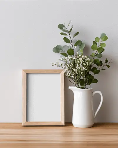 Minimalistic Wooden Photo Frame Mockup With Modern Floral Vase Decor Ideal For Home Interior Design