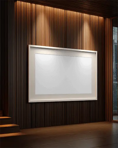 Sleek Rectangular Picture Frame Mockup In Stylish Wood Paneled Room Environment