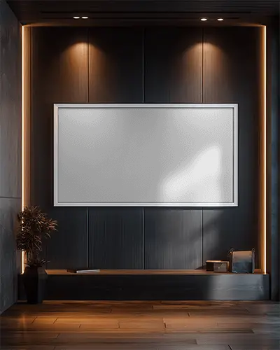 Sleek Large Horizontal Frame Mockup On Textured Wooden Wall With Subtle Shadow And Ambient Light