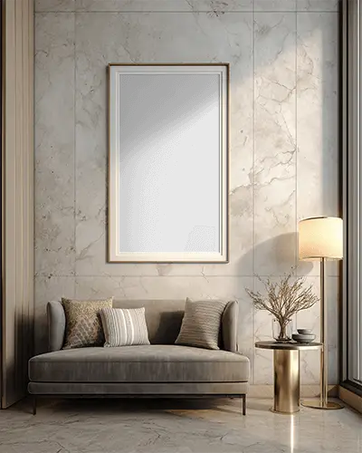 Modern Living Room Wall Frame Mockup With Cozy Sofa And Standing Lamp Interior Design