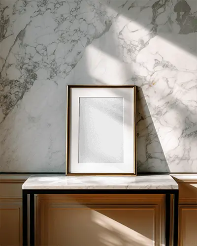 Elegant Modern Frame Mockup On Marble Table For Premium Artwork Display Presentation