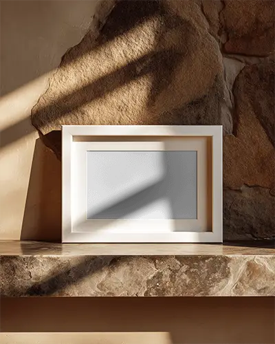 Minimalistic Photo Frame Mockup On Stone Shelf With Natural Light Shadow For Wall Art Display