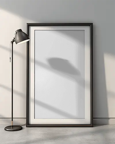 Elegant Frame Mockup Standing On Floor With Lamp Light And Minimalist Interior