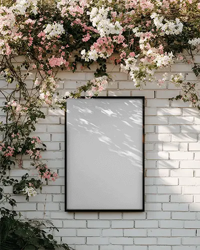 Outdoor Frame Mockup On Brick Wall Surrounded By Blooming Flowers For Garden Decor