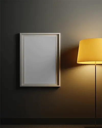Premium Frame Mockup On Wall With Ambient Light From Floor Lamp In Modern Style