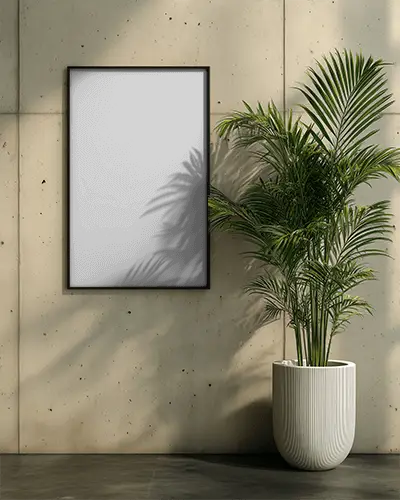 Elegant Frame Mockup With Potted Plant Against Concrete Wall For Home Presentation