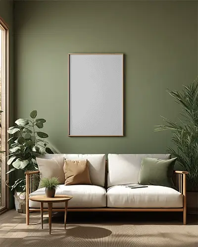 Premium Frame Mockup Above Sofa With Decor Plants And Modern Interior Styling