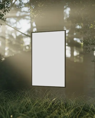 Vertical Photo Frame Mockup Hanging On Tree Trunk With Natural Forest Background