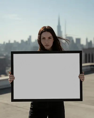 Urban Rooftop Frame Mockup With Calm Female Model For Advertising And Promotion