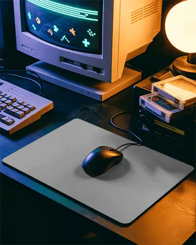 Retro Gaming Pad Mockup With Classic Monitor Neon Screen And Desk Setup