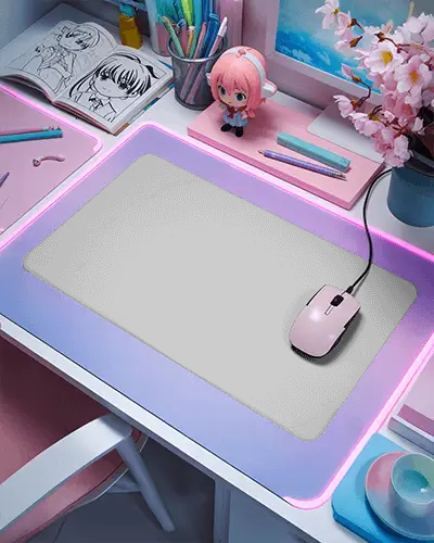 Pastel Gaming Pad Mockup With Pink Mouse Anime Setup And Soft Rgb Desk Lights