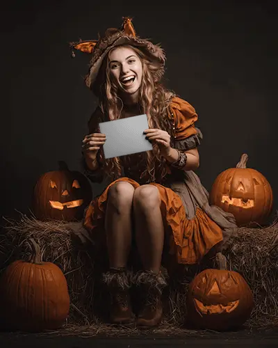 Halloween Greeting Card Mockup Smiling Woman In Costume With Jack O Lanterns