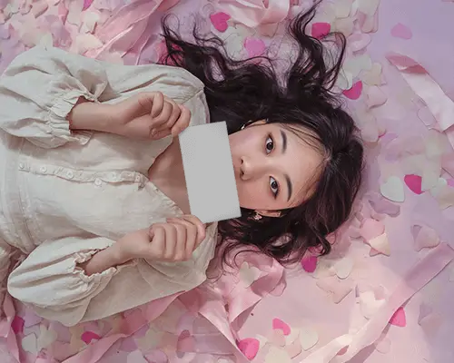 Romantic Greeting Card Mockup Woman Lying On Pink Petals Soft Valentine Aesthetic