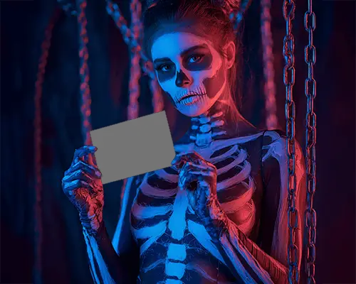 Halloween Greeting Card Mockup Skeleton Bodypaint With Dark Neon Lighting