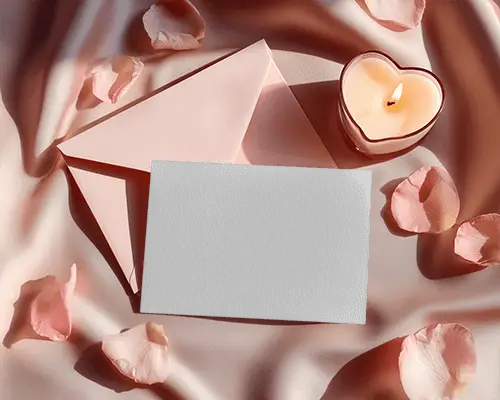 Valentine Greeting Card Mockup Love Theme With Candle And Satin Background