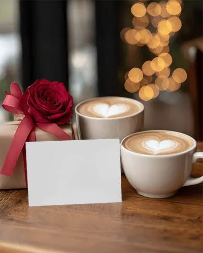 Romantic Greeting Card Mockup Coffee Date Scene With Gift And Red Rose
