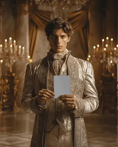 Royal Greeting Card Mockup Elegant Vintage Palace Scene With Golden Light