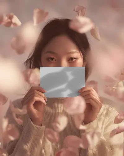 Romantic Greeting Card Mockup Soft Focus Petals Floating With Dreamy Light