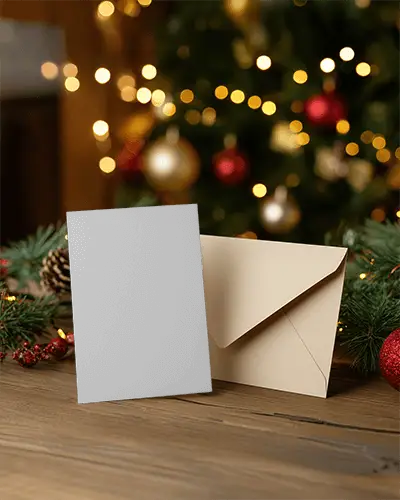 Christmas Greeting Card Mockup Holiday Scene With Envelope And Tree Lights