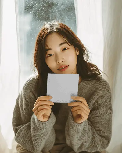 Cozy Winter Greeting Card Mockup Female Model Soft Lighting With Neutral Tones