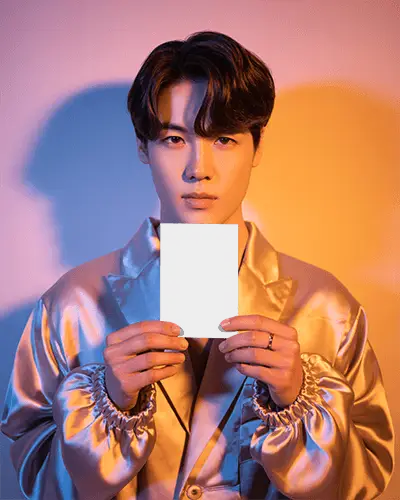 New Year Card Mockup Holding Portrait Fashionable Atmospheric Photo Studio Background