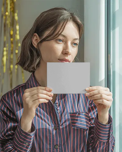 Thoughtful Female Showing Black Mockup Card During New Year Indoor Celebration