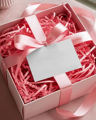 Christmas Gift Box Greeting Card Mockup Pink Ribbon Package With Card And Festive Holiday