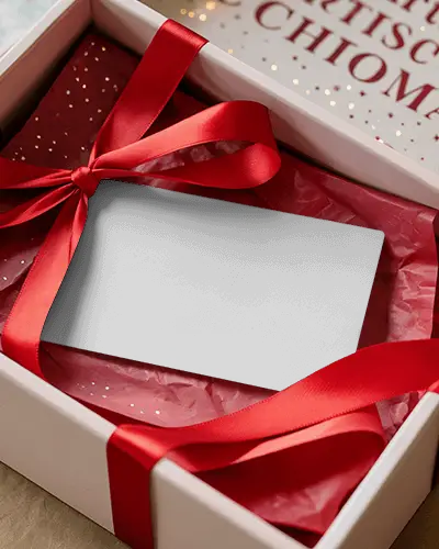 Christmas Gift Box Greeting Card Mockup Luxury Present With Red Ribbon And Card On Tissue Paper