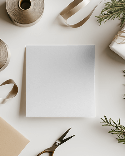 festive-gift-wrapping-card-mockup-luxury-ribbons-and-evergreen-decor-on-minimalist-background