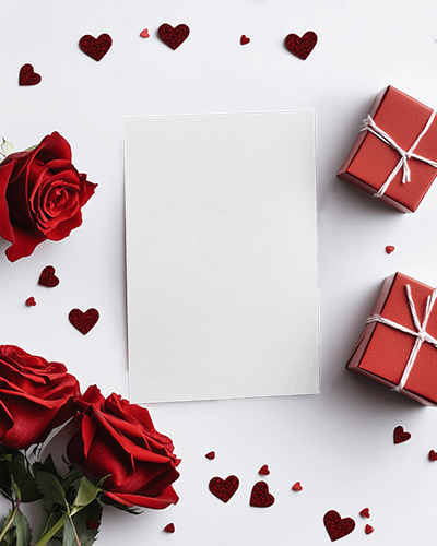 Stylish Love Greeting Card Mockup Beautifully Arranged Roses And Heart Decor On White Background