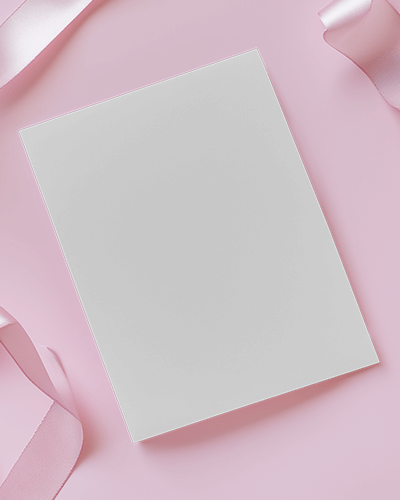 Flat Lay Greeting Card Mockup On Pastel Pink Background With Satin Ribbons Soft Romantic Stationery Scene