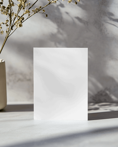 Standing Greeting Card Mockup On Light Surface With Dried Flowers And Soft Shadows Minimalist Organic Sunlit Scene