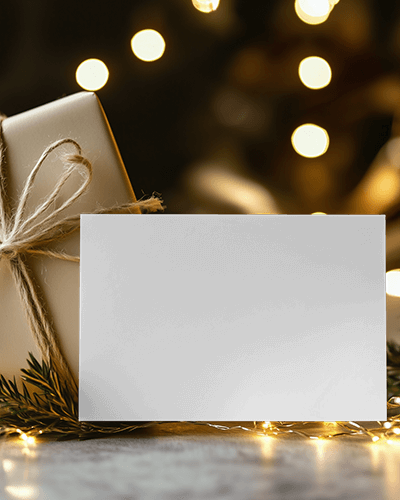 Holiday Greeting Card Mockup With Gift Box And String Lights Warm Bokeh Background Cozy Celebration Scene