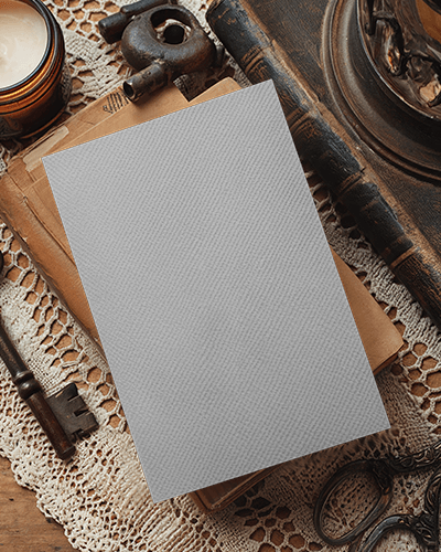 Vintage Flatlay Greeting Card Mockup On Lace And Antique Books With Keys And Scissors Rustic Nostalgic Aesthetic