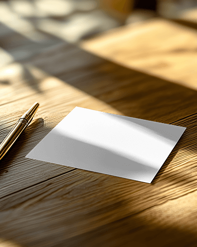 Sunlit Greeting Card Mockup On Wooden Table With Pen Warm Shadow Aesthetic