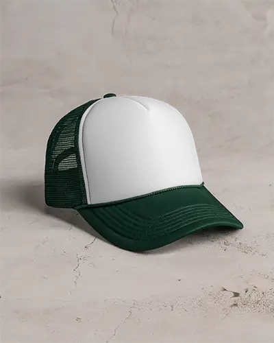 Trucker Hat Mockup With Neutral Background And Studio Lighting Highlighted On Green Mesh Cap Design