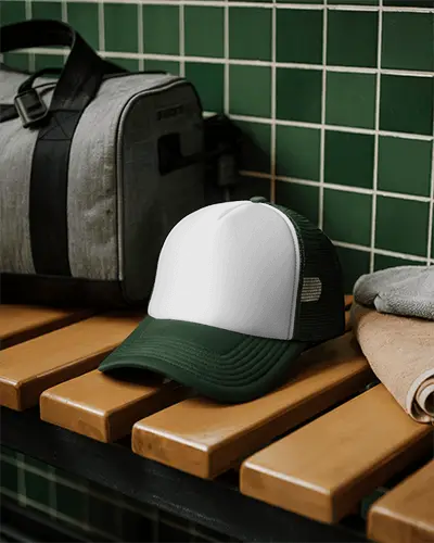 Modern Trucker Hat Mockup On Wooden Bench With Sport Bag And Folded Towels Background