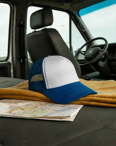 Truck Hat Travel Hat Mockup With Map And Blank Front Panel For Custom Logo Design