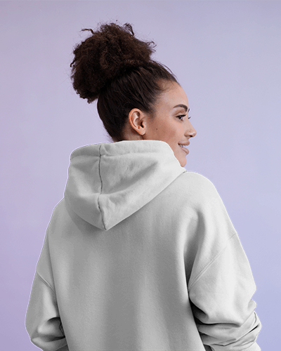 Soft Pastel Hoodie Mockup Smiling Female Model In Relaxed Pose Light Purple Background Cozy And Modern Casual Style