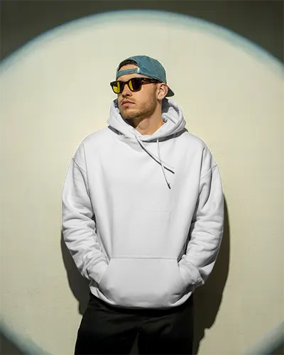 Stylish Urban Hoodie Mockup For Men Front Pose With Hands In Pockets And Hood Up Design