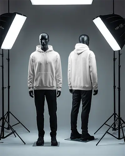 Apparel Photography Plain Hoodie Mockup Worn By Mannequin In Modern Studio Setting