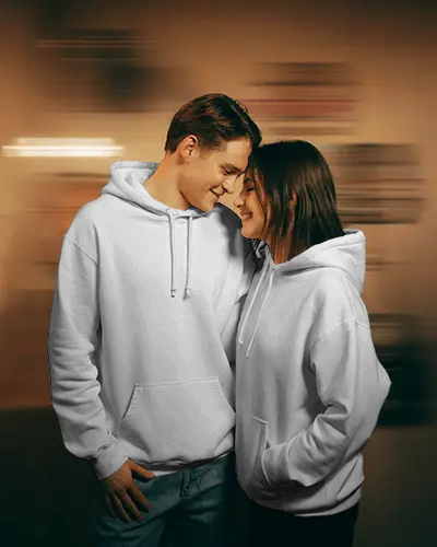 Matching Couple Hoodie Mockup Warm Glow Studio Shot With Soft Focus Romantic Atmosphere