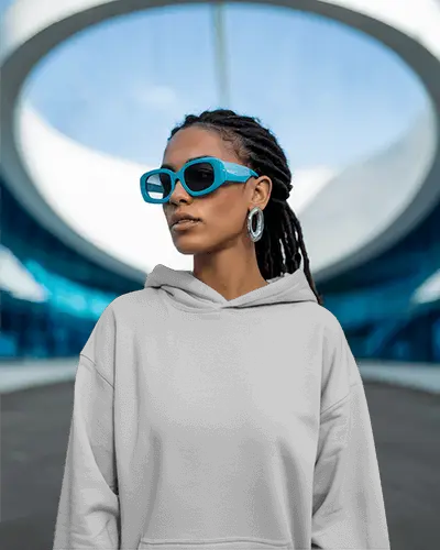 Relaxed Fit Hoodie Mockup Female Model Modern Urban Clothing Apparel Photography