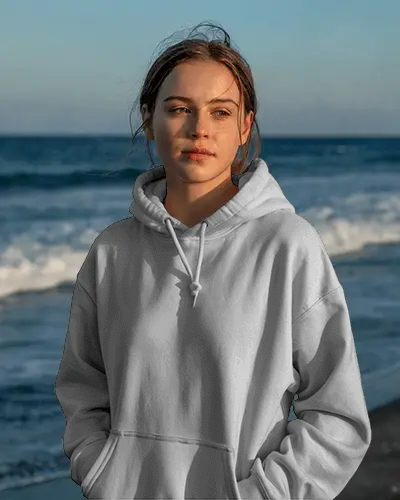 Premium Womens Hoodie Mockup On Beachfront With Soft Sunset Light And Casual Style