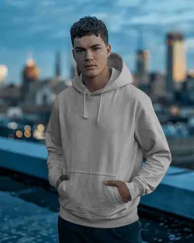 Modern Male Hoodie Mockup On Rooftop With City Lights In Background Dusk Urban Style