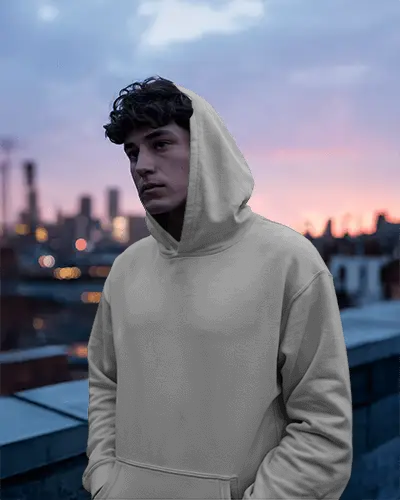 Artistic Hoodie Mockup Man On Rooftop At Dusk With Colorful Sky And Modern City View