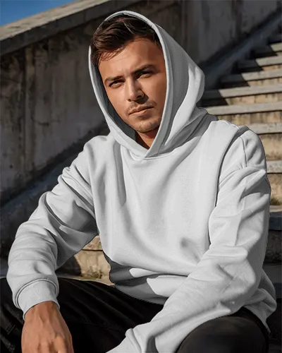 Men Hoodie Apparel Mockup With Sleeve And Hood Lifestyle Outdoor Photo Styling